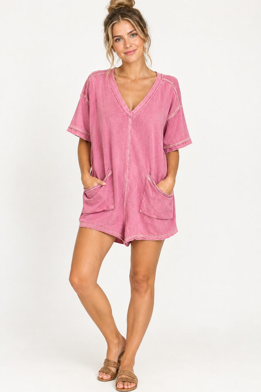 New’M Women’s L Dusty Pink Cotton Romper Oversized Boho V Neck Pockets